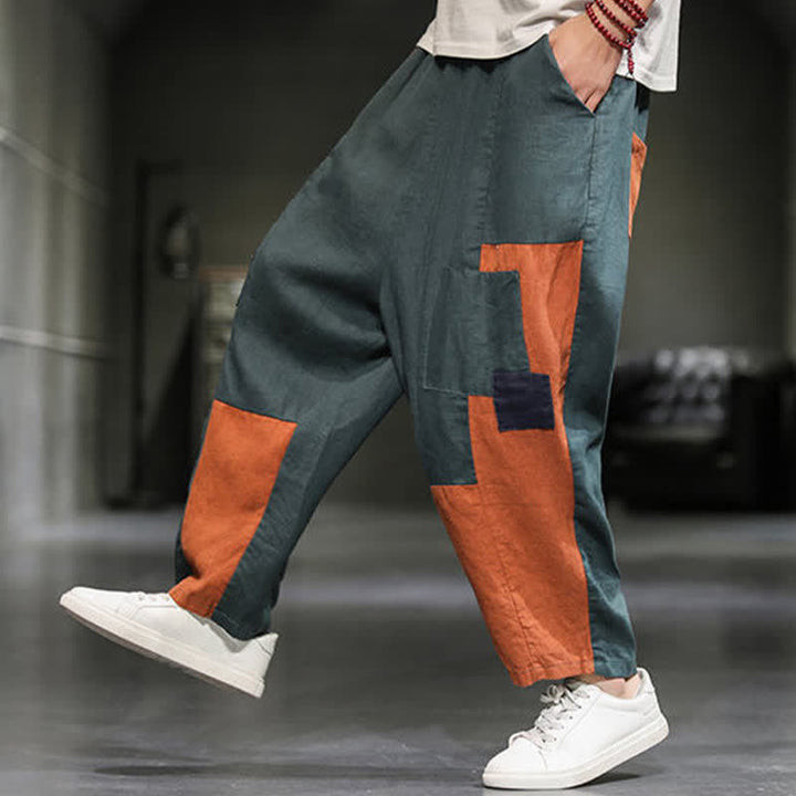 Buddha Stones Pantaloni harem da uomo primaverili casual in cotone e lino con blocchi di colore e tasche. - image 19