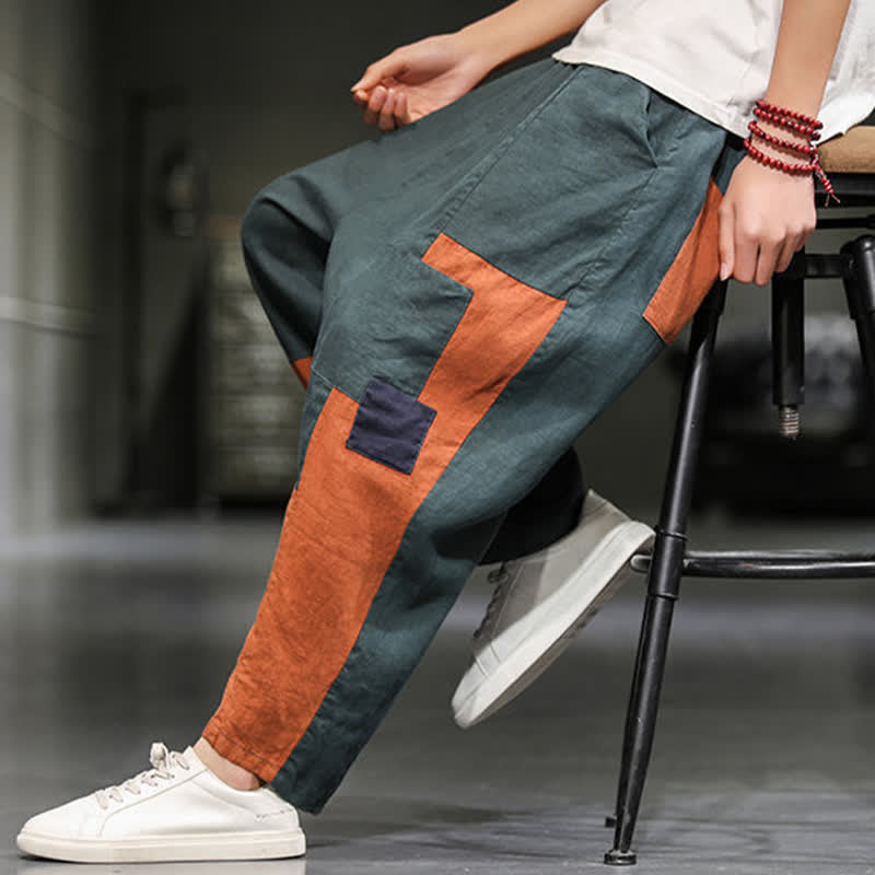 Buddha Stones Pantaloni harem da uomo primaverili casual in cotone e lino con blocchi di colore e tasche. - image 18