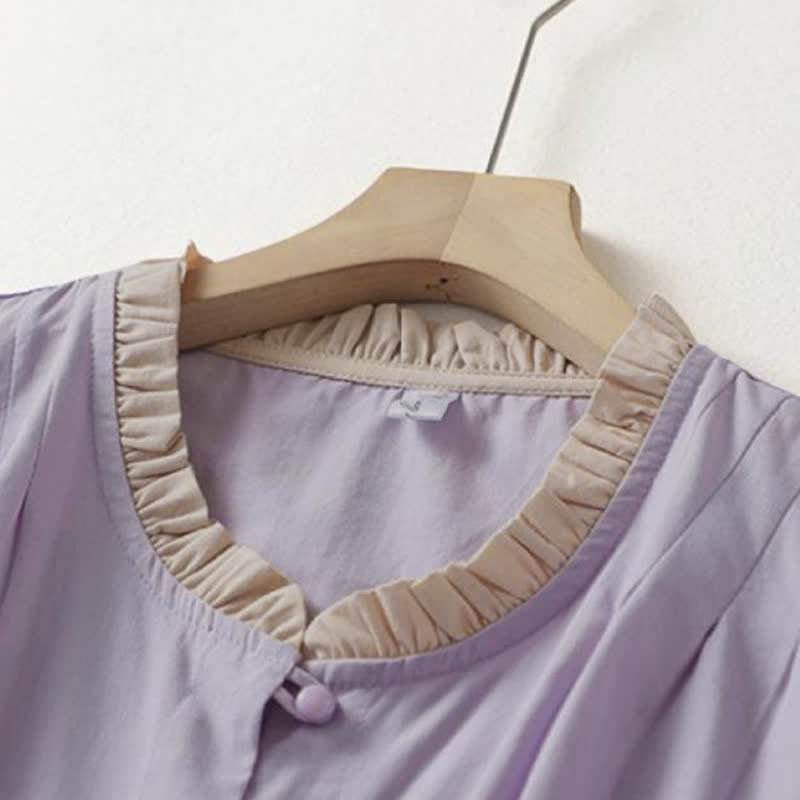 Buddha Stones Camicia da donna estiva casual a maniche corte in cotone con colletto a volant e bottoni, tinta unita. - image 8