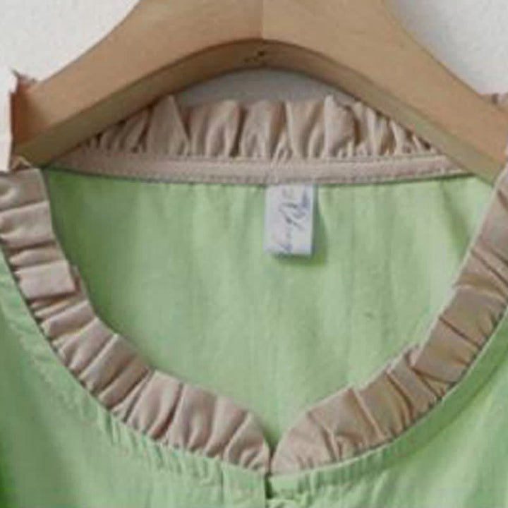 Buddha Stones Camicia da donna estiva casual a maniche corte in cotone con colletto a volant e bottoni, tinta unita. - image 14