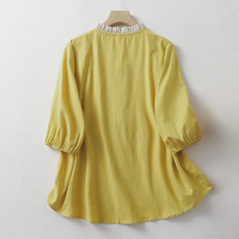 Buddha Stones Camicia da donna estiva casual a maniche corte in cotone con colletto a volant e bottoni, tinta unita. - image 1