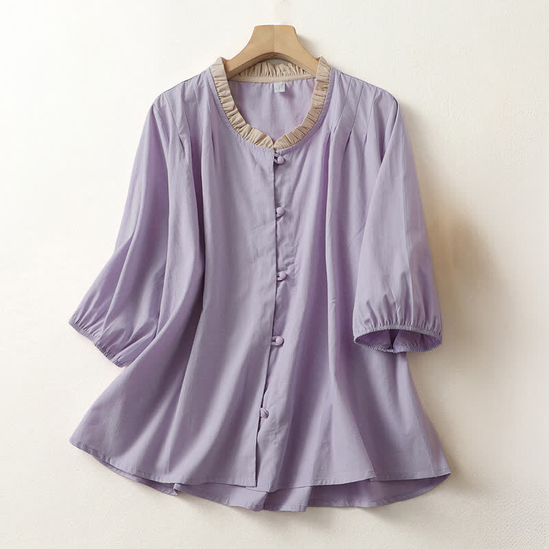 Buddha Stones Camicia da donna estiva casual a maniche corte in cotone con colletto a volant e bottoni, tinta unita. - Lavanda - US8-10, UK/AU12-14, EU40-42 (2XL) - image 7