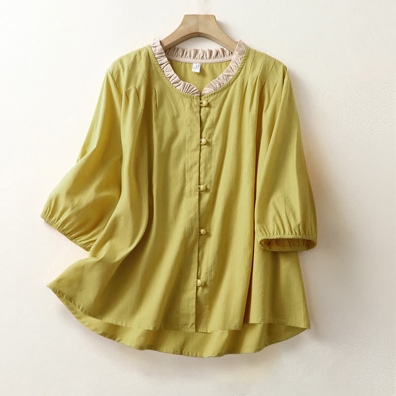 Buddha Stones Camicia da donna estiva casual a maniche corte in cotone con colletto a volant e bottoni, tinta unita. - Verga d'oro - US8-10, UK/AU12-14, EU40-42 (2XL) - image 0