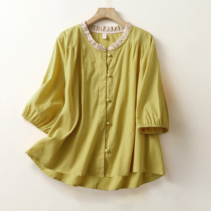 Buddha Stones Camicia da donna estiva casual a maniche corte in cotone con colletto a volant e bottoni, tinta unita. - Verga d'oro - US8-10, UK/AU12-14, EU40-42 (2XL) - image 0