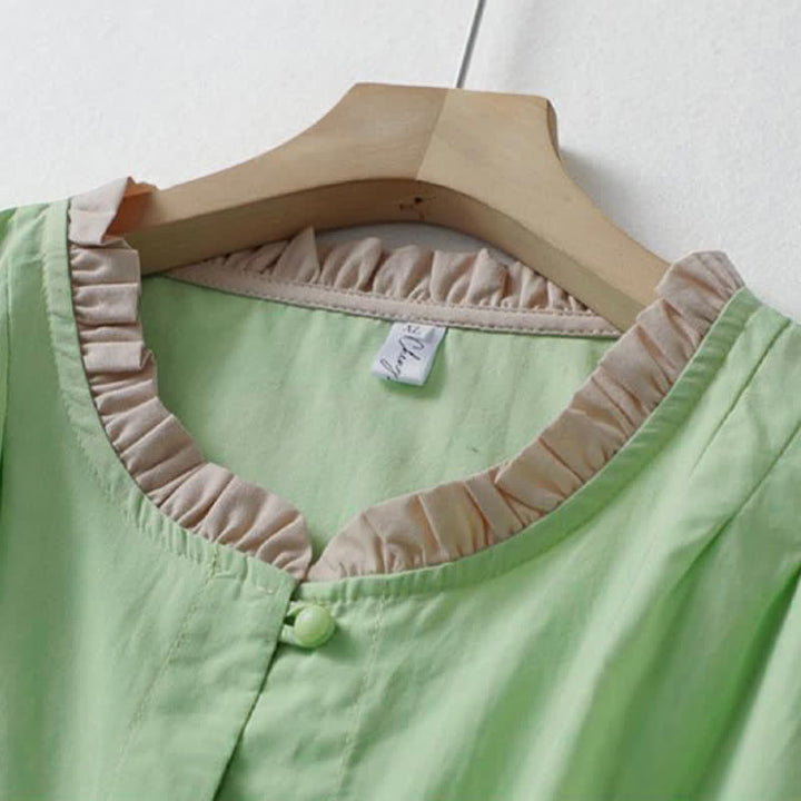 Buddha Stones Camicia da donna estiva casual a maniche corte in cotone con colletto a volant e bottoni, tinta unita. - image 13