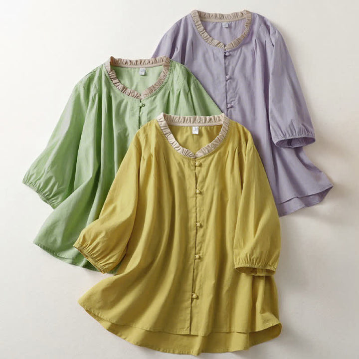 Buddha Stones Camicia da donna estiva casual a maniche corte in cotone con colletto a volant e bottoni, tinta unita. - image 19