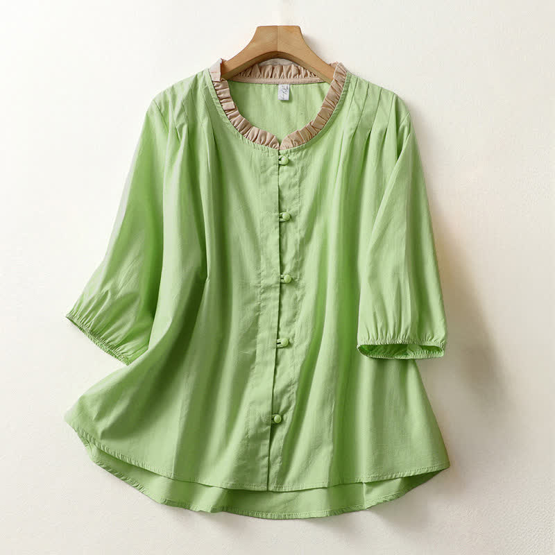 Buddha Stones Camicia da donna estiva casual a maniche corte in cotone con colletto a volant e bottoni, tinta unita. - Verde pallido - US8-10, UK/AU12-14, EU40-42 (2XL) - image 12