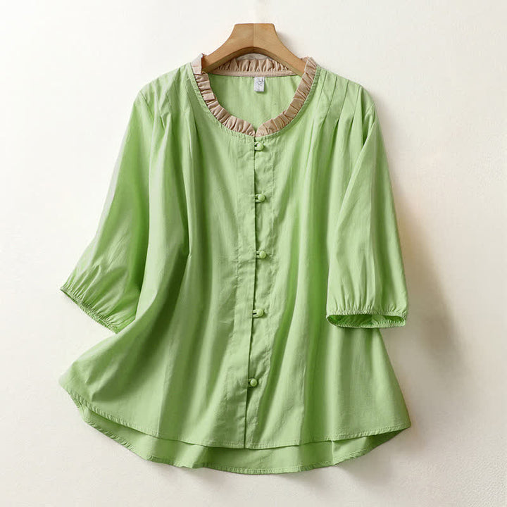 Buddha Stones Camicia da donna estiva casual a maniche corte in cotone con colletto a volant e bottoni, tinta unita. - Verde pallido - US8-10, UK/AU12-14, EU40-42 (2XL) - image 12