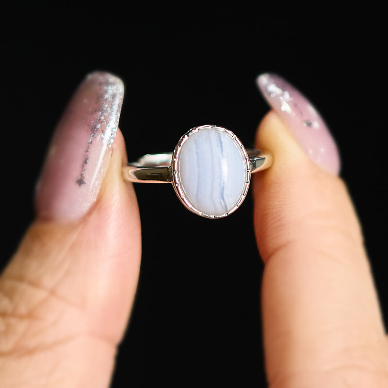 Buddha Stones Anello di equilibrio rotondo in agata blu naturale con pizzo - image 3