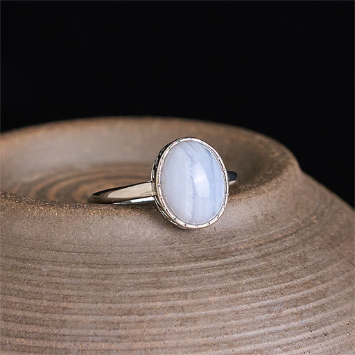 Buddha Stones Anello di equilibrio rotondo in agata blu naturale con pizzo - image 2