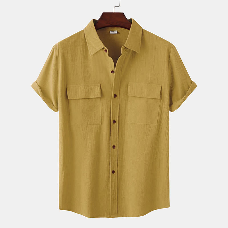 Buddha Stones Camicia da uomo estiva casual a maniche corte con bottoni e tasche decorative - Marrone sella - US/UK/AU46, EU56 (3XL) - image 0