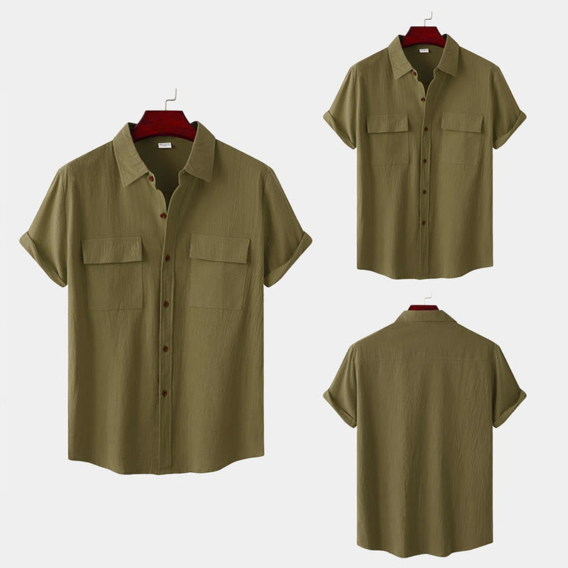Buddha Stones Camicia da uomo estiva casual a maniche corte con bottoni e tasche decorative - image 58