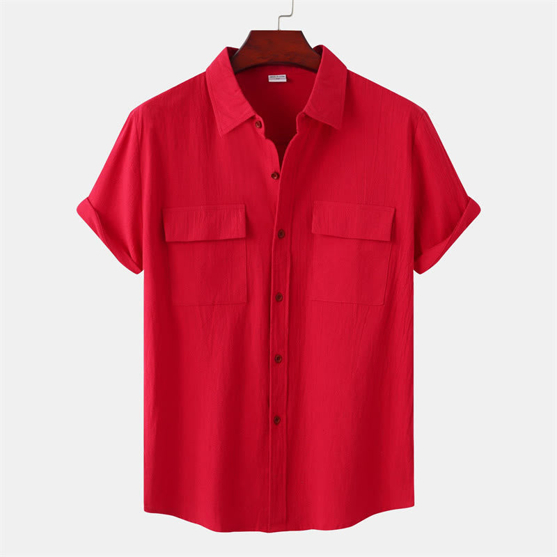 Buddha Stones Camicia da uomo estiva casual a maniche corte con bottoni e tasche decorative - Cremisi - US/UK/AU46, EU56 (3XL) - image 71
