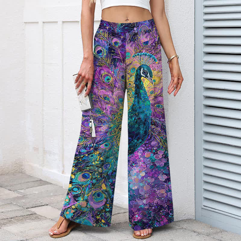 Buddha Stones Pantaloni da donna a gamba larga con elastico in vita e tasche, in cotone e lino, con fantasia a piume di pavone. - image 1