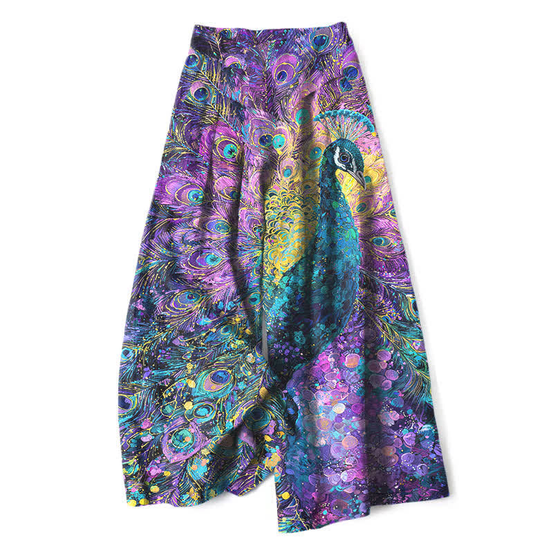 Buddha Stones Pantaloni da donna a gamba larga con elastico in vita e tasche, in cotone e lino, con fantasia a piume di pavone. - BluViola - US16, UK/AU20, EU48 (3XL) - image 0