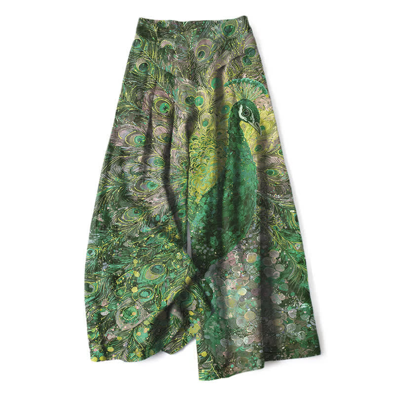 Buddha Stones Pantaloni da donna a gamba larga con elastico in vita e tasche, in cotone e lino, con fantasia a piume di pavone. - Verde studentesco - US16, UK/AU20, EU48 (3XL) - image 4