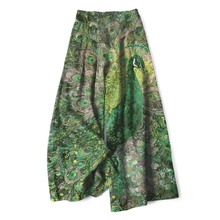 Buddha Stones Pantaloni da donna a gamba larga con elastico in vita e tasche, in cotone e lino, con fantasia a piume di pavone. - Verde studentesco - US16, UK/AU20, EU48 (3XL) - image 4
