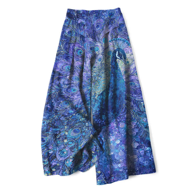 Buddha Stones Pantaloni da donna a gamba larga con elastico in vita e tasche, in cotone e lino, con fantasia a piume di pavone. - Blu reale - US16, UK/AU20, EU48 (3XL) - image 6