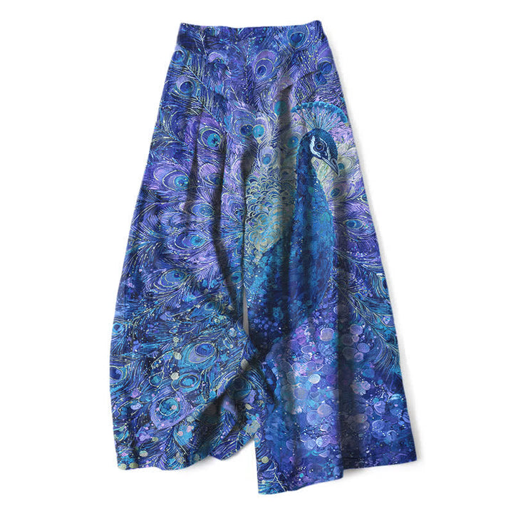 Buddha Stones Pantaloni da donna a gamba larga con elastico in vita e tasche, in cotone e lino, con fantasia a piume di pavone. - Blu reale - US16, UK/AU20, EU48 (3XL) - image 6