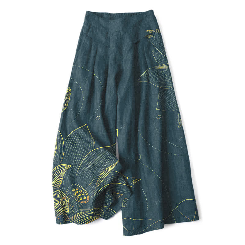 Buddha Stones Pantaloni da donna a gamba larga con elastico in vita e tasche, in cotone e lino, con motivo a loto stilizzato. - Verde acqua - US16, UK/AU20, EU48 (3XL) - image 0