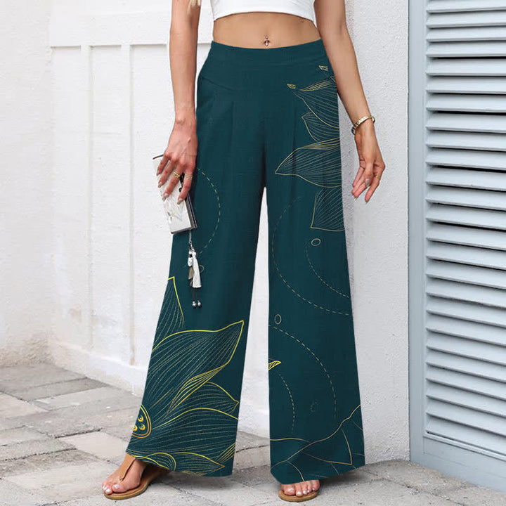 Buddha Stones Pantaloni da donna a gamba larga con elastico in vita e tasche, in cotone e lino, con motivo a loto stilizzato. - image 1