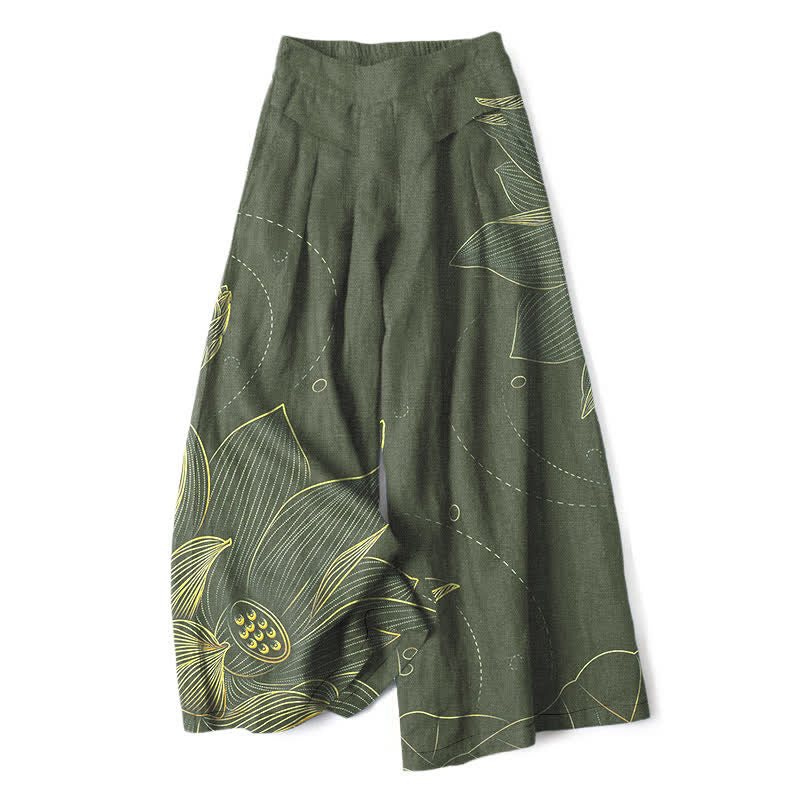 Buddha Stones Pantaloni da donna a gamba larga con elastico in vita e tasche, in cotone e lino, con motivo a loto stilizzato. - Verde oliva scuro - US16, UK/AU20, EU48 (3XL) - image 4