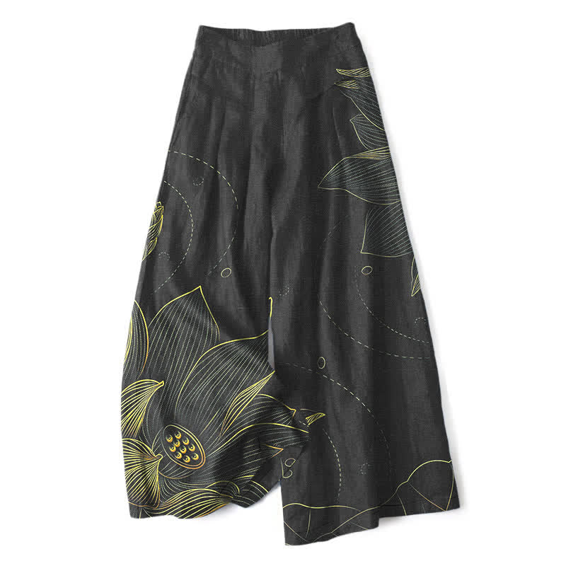 Buddha Stones Pantaloni da donna a gamba larga con elastico in vita e tasche, in cotone e lino, con motivo a loto stilizzato. - Nero - US16, UK/AU20, EU48 (3XL) - image 6