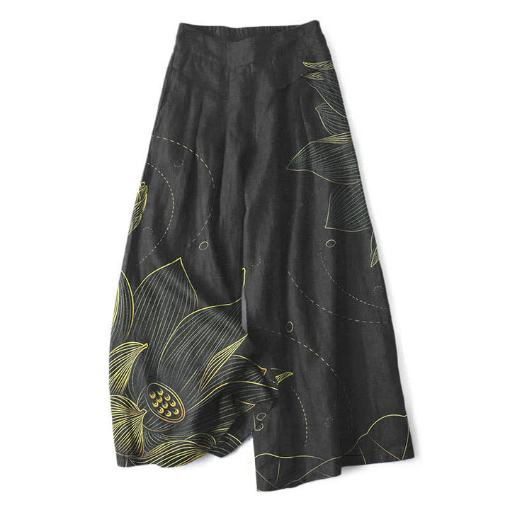 Buddha Stones Pantaloni da donna a gamba larga con elastico in vita e tasche, in cotone e lino, con motivo a loto stilizzato. - Nero - US16, UK/AU20, EU48 (3XL) - image 6