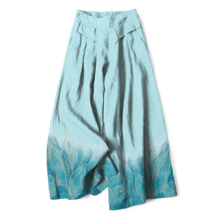 Buddha Stones Pantaloni da donna a gamba larga con elastico in vita e tasche, in cotone e lino, con fantasia a foglie sfumate. - Turchese pallido - US16, UK/AU20, EU48 (3XL) - image 0