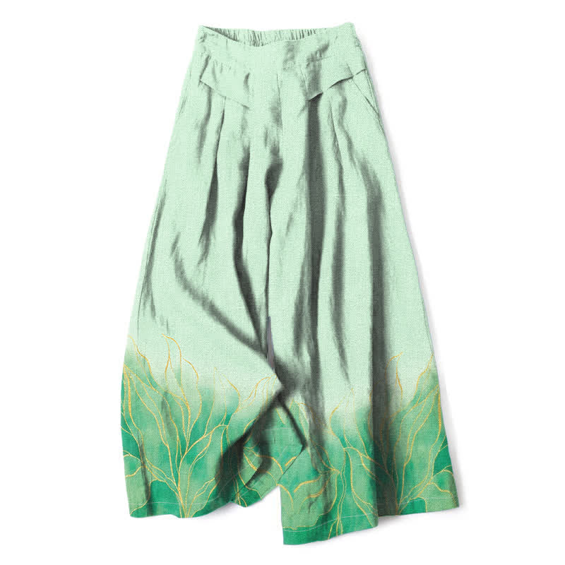 Buddha Stones Pantaloni da donna a gamba larga con elastico in vita e tasche, in cotone e lino, con fantasia a foglie sfumate. - Verde pallido - US16, UK/AU20, EU48 (3XL) - image 4