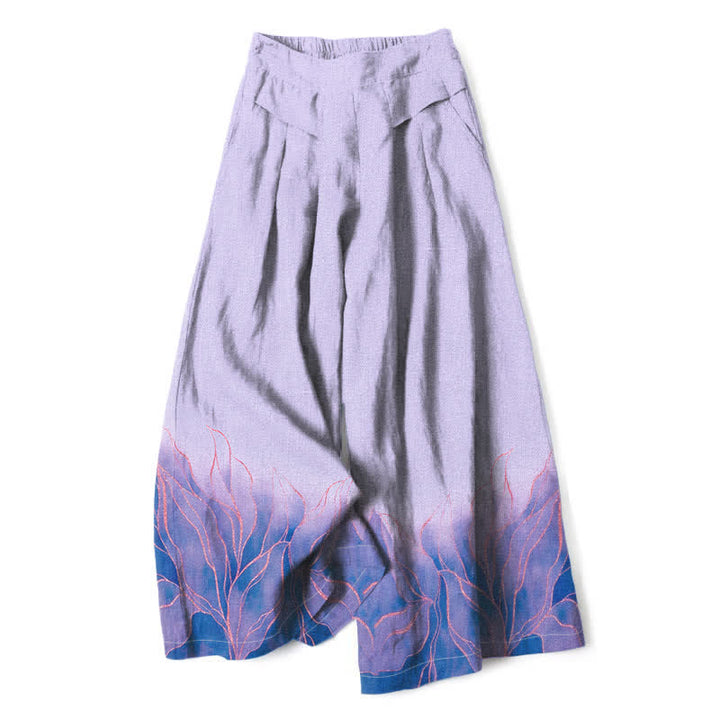 Buddha Stones Pantaloni da donna a gamba larga con elastico in vita e tasche, in cotone e lino, con fantasia a foglie sfumate. - Lavanda - US16, UK/AU20, EU48 (3XL) - image 6