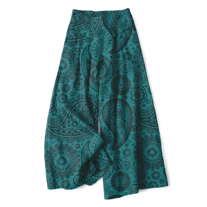 Buddha Stones Pantaloni da donna a gamba larga con elastico in vita e tasche, in cotone e lino, con fantasia paisley bohémien. - Verde acqua - US16, UK/AU20, EU48 (3XL) - image 0