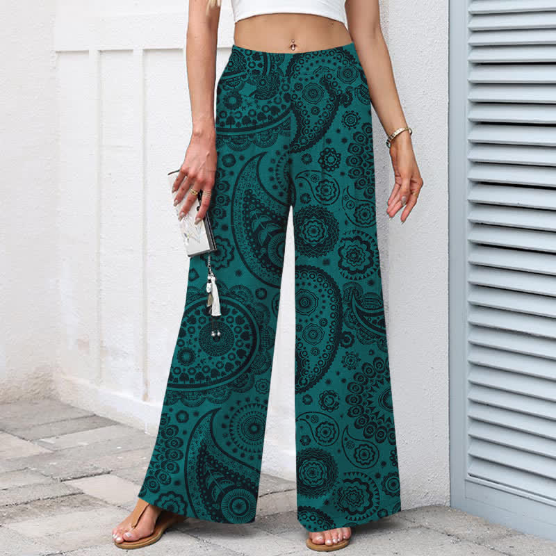 Buddha Stones Pantaloni da donna a gamba larga con elastico in vita e tasche, in cotone e lino, con fantasia paisley bohémien. - image 1