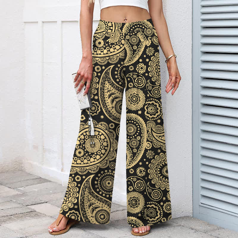 Buddha Stones Pantaloni da donna a gamba larga con elastico in vita e tasche, in cotone e lino, con fantasia paisley bohémien. - image 5