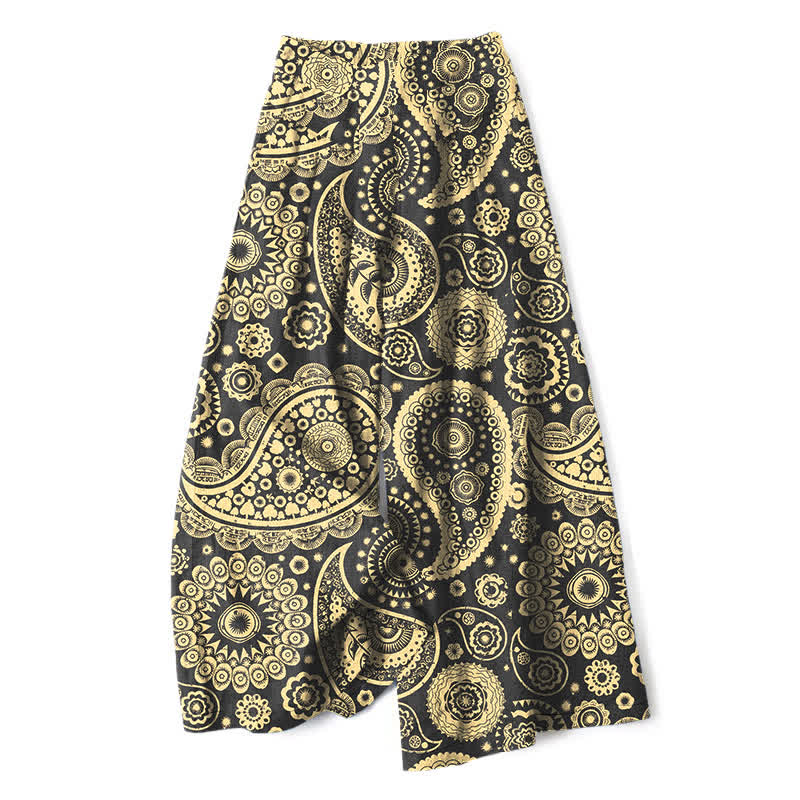 Buddha Stones Pantaloni da donna a gamba larga con elastico in vita e tasche, in cotone e lino, con fantasia paisley bohémien. - Cachi scuro - US16, UK/AU20, EU48 (3XL) - image 4