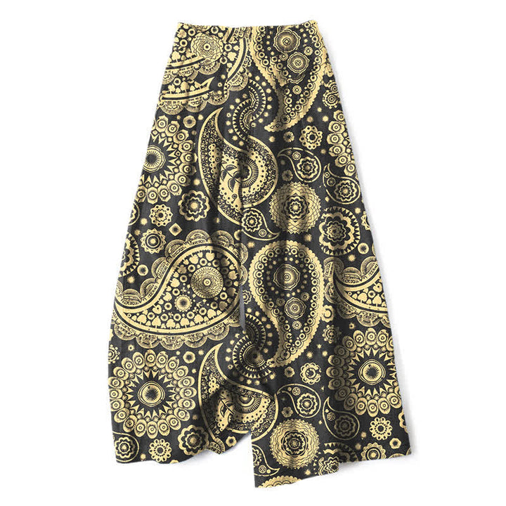 Buddha Stones Pantaloni da donna a gamba larga con elastico in vita e tasche, in cotone e lino, con fantasia paisley bohémien. - Cachi scuro - US16, UK/AU20, EU48 (3XL) - image 4