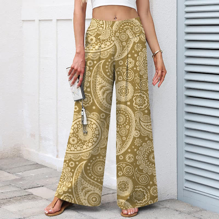 Buddha Stones Pantaloni da donna a gamba larga con elastico in vita e tasche, in cotone e lino, con fantasia paisley bohémien. - image 7
