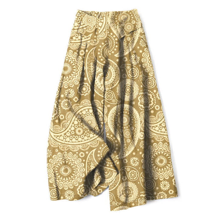 Buddha Stones Pantaloni da donna a gamba larga con elastico in vita e tasche, in cotone e lino, con fantasia paisley bohémien. - Cachi - US16, UK/AU20, EU48 (3XL) - image 6