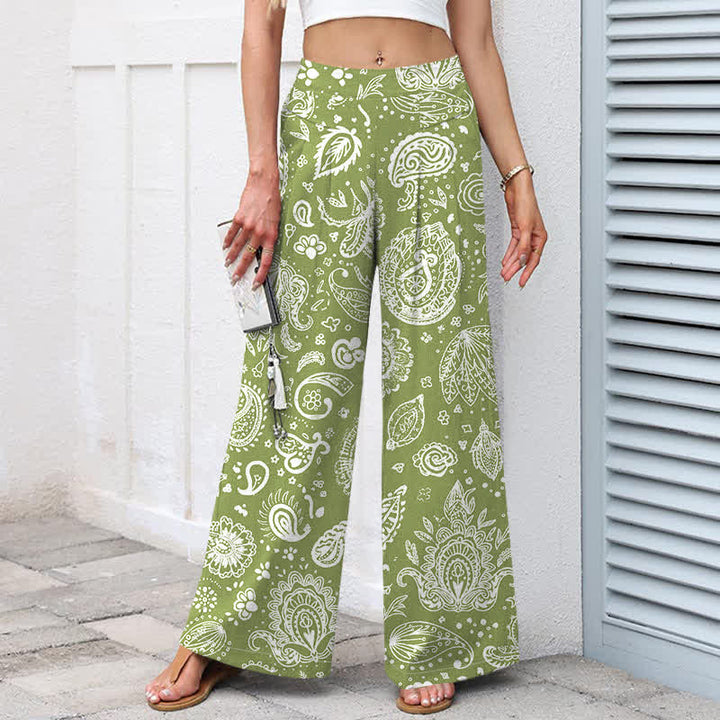 Buddha Stones Pantaloni da donna a gamba larga con elastico in vita e tasche, in cotone e lino, con fantasia paisley color oliva. - image 1