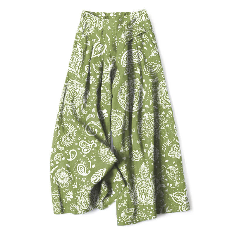 Buddha Stones Pantaloni da donna a gamba larga con elastico in vita e tasche, in cotone e lino, con fantasia paisley color oliva. - Verde oliva - US16, UK/AU20, EU48 (3XL) - image 0