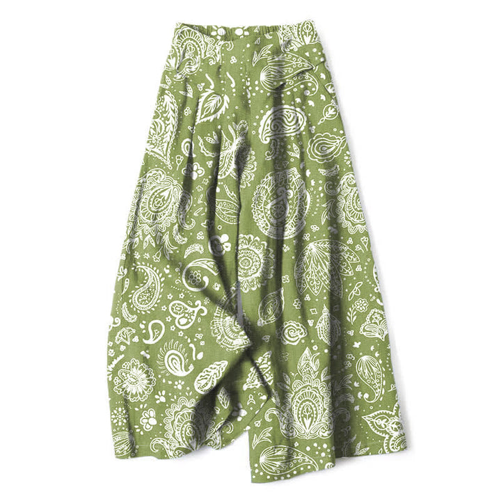 Buddha Stones Pantaloni da donna a gamba larga con elastico in vita e tasche, in cotone e lino, con fantasia paisley color oliva. - Verde oliva - US16, UK/AU20, EU48 (3XL) - image 0