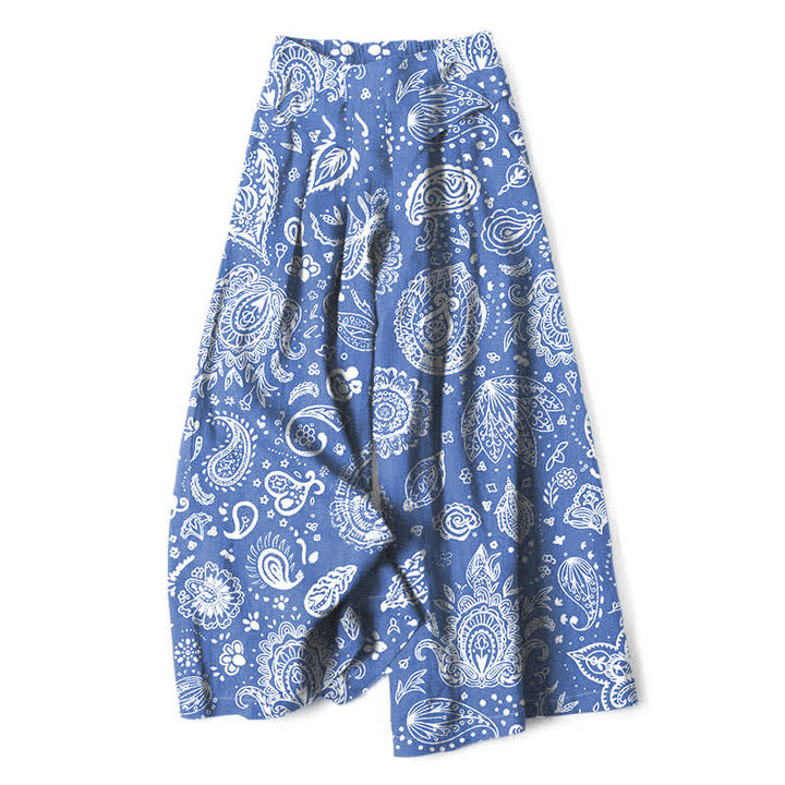 Buddha Stones Pantaloni da donna a gamba larga con elastico in vita e tasche, in cotone e lino, con fantasia paisley color oliva. - Blu fiordaliso - US16, UK/AU20, EU48 (3XL) - image 4