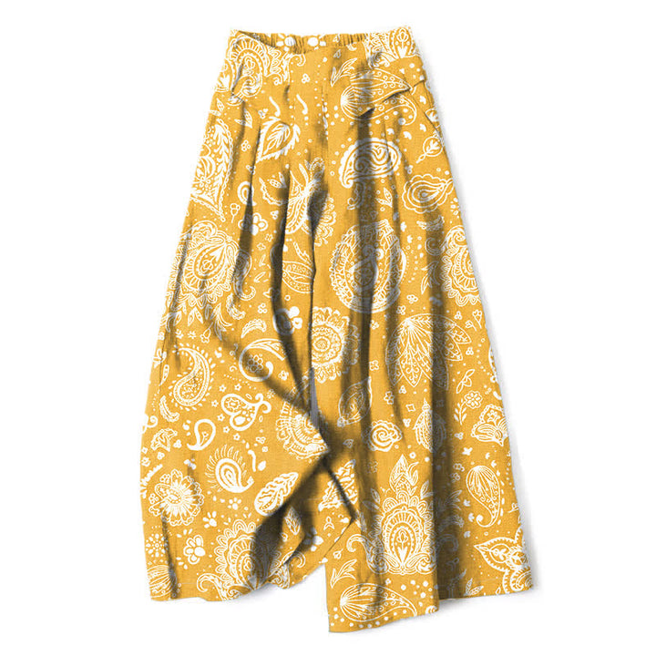 Buddha Stones Pantaloni da donna a gamba larga con elastico in vita e tasche, in cotone e lino, con fantasia paisley color oliva. - Verga d'oro - US16, UK/AU20, EU48 (3XL) - image 6