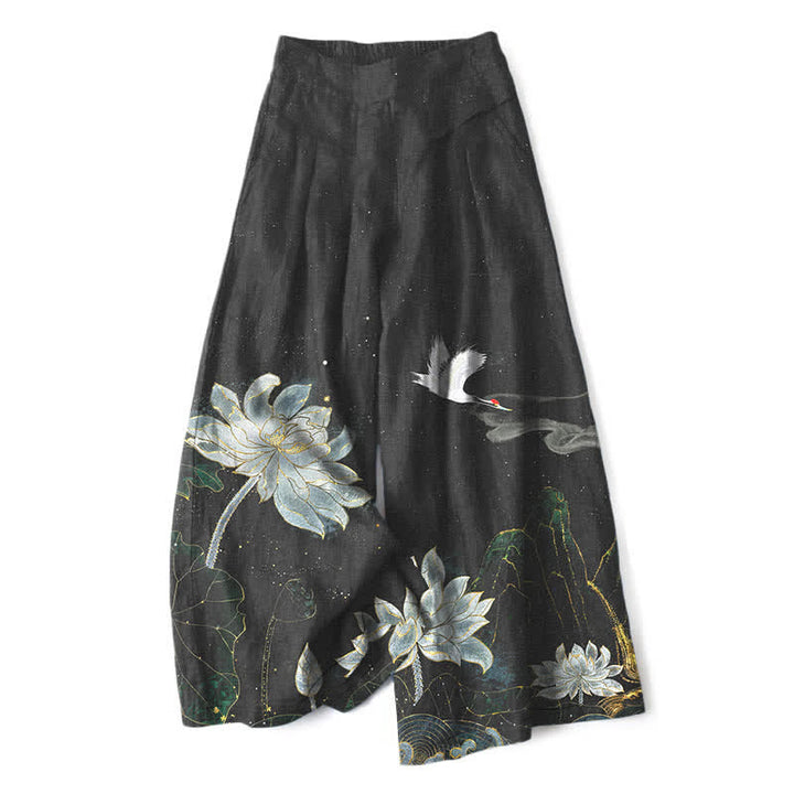 Buddha Stones Pantaloni da donna in cotone e lino con elastico in vita e gamba larga, fantasia loto e gru, con tasche. - Nero - US16, UK/AU20, EU48 (3XL) - image 0