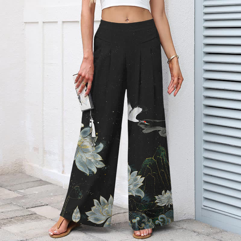 Buddha Stones Pantaloni da donna in cotone e lino con elastico in vita e gamba larga, fantasia loto e gru, con tasche. - image 1
