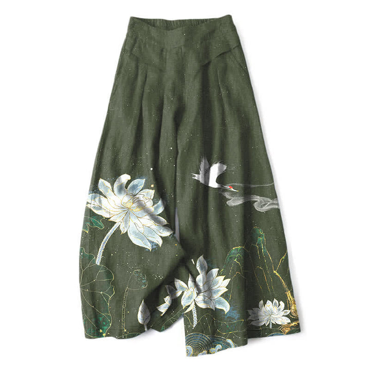 Buddha Stones Pantaloni da donna in cotone e lino con elastico in vita e gamba larga, fantasia loto e gru, con tasche. - Verde oliva scuro - US16, UK/AU20, EU48 (3XL) - image 4