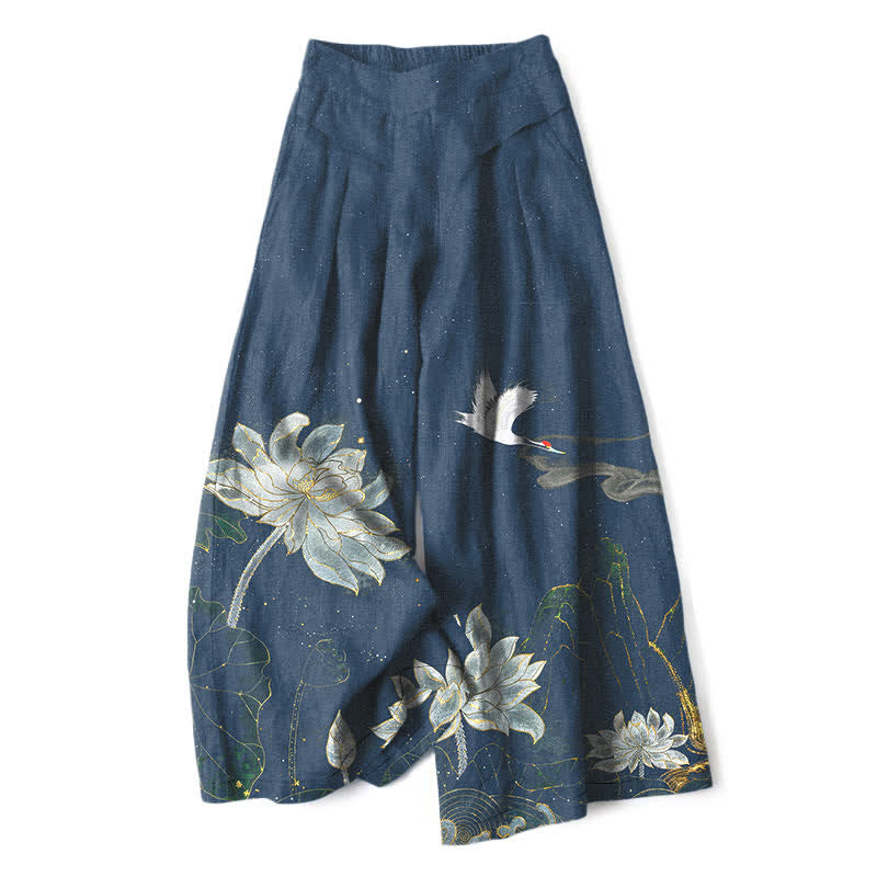 Buddha Stones Pantaloni da donna in cotone e lino con elastico in vita e gamba larga, fantasia loto e gru, con tasche. - Verde acqua - US16, UK/AU20, EU48 (3XL) - image 6