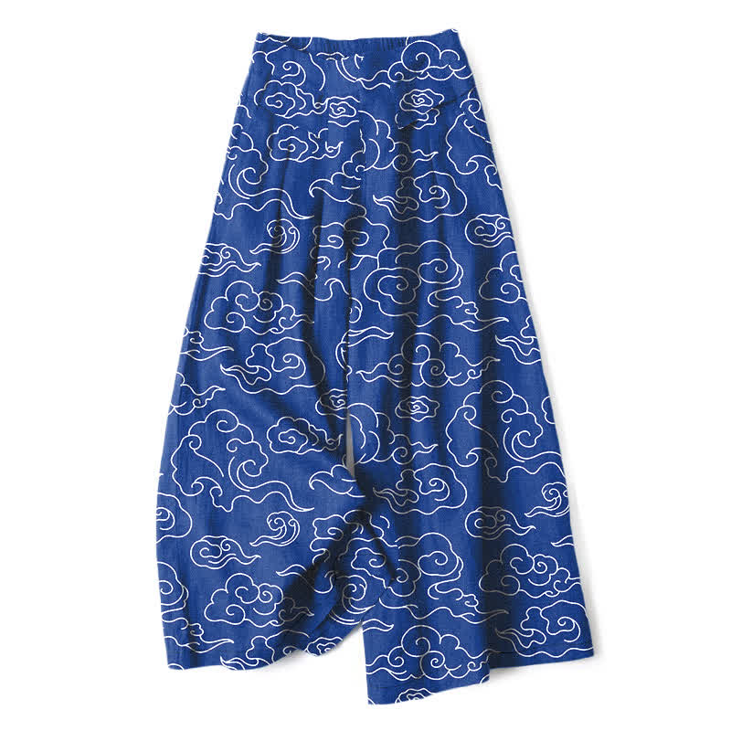 Buddha Stones Pantaloni da donna in cotone e lino con fantasia a nuvole, vita elasticizzata e gamba larga, con tasche. - Blu reale - US16, UK/AU20, EU48 (3XL) - image 0