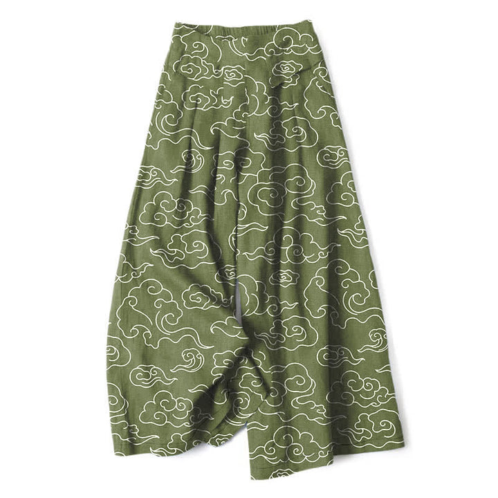 Buddha Stones Pantaloni da donna in cotone e lino con fantasia a nuvole, vita elasticizzata e gamba larga, con tasche. - Verde oliva - US16, UK/AU20, EU48 (3XL) - image 4