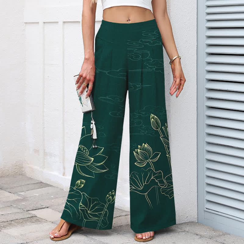 Buddha Stones Pantaloni da donna in cotone e lino con elastico in vita e gamba larga, fantasia a loto e tasche. - image 1
